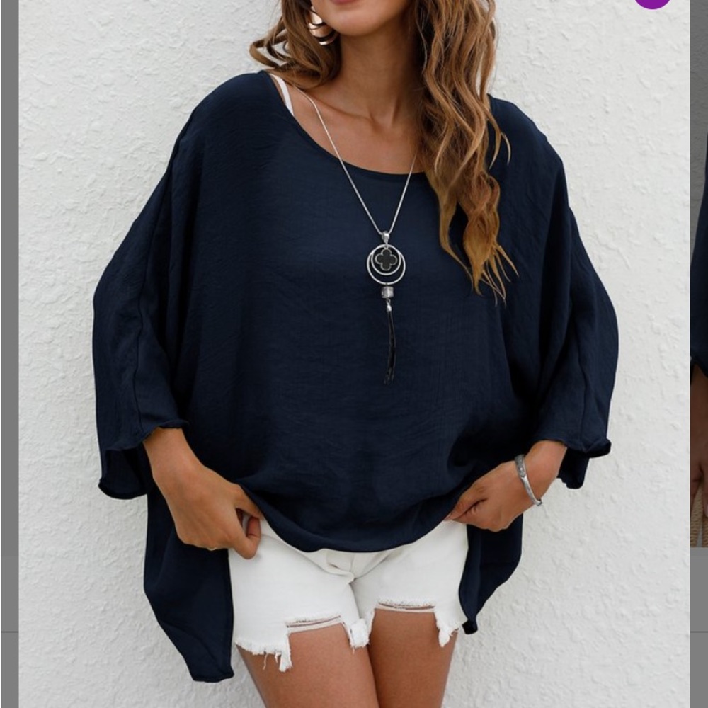 Navy Oversize Three-Quarter Sleeve Top